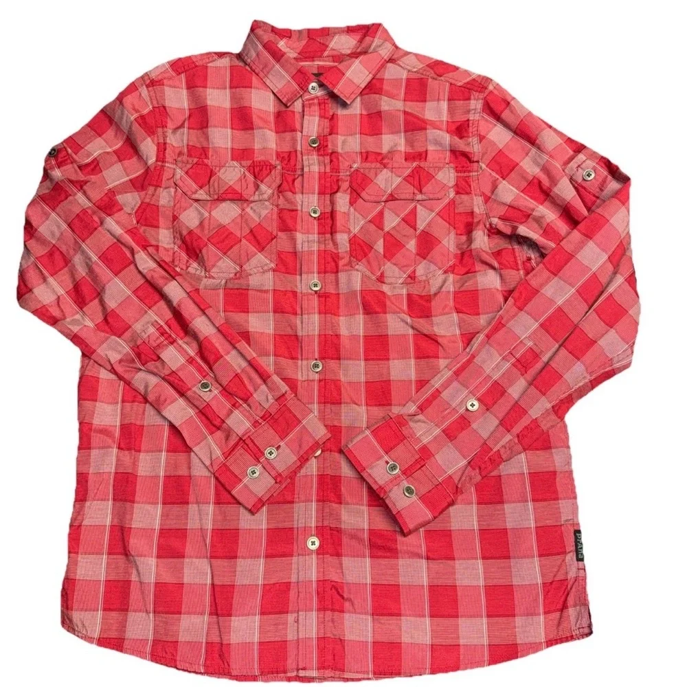 Prana Red White Plaid‎ Long Sleeve Medium Button Up Preppy Organic Cotton Blend